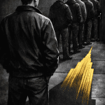 A young man standing before a military recruitment office door. Behind him, a long shadow in the shape of a golden skyscraper is cast on the pavement. Other young men of similar age wait in line. Style: dramatic political illustration, stark contrast between gold and grey tones, no faces visible, symbolic composition. No text."