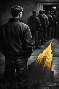 A young man standing before a military recruitment office door. Behind him, a long shadow in the shape of a golden skyscraper is cast on the pavement. Other young men of similar age wait in line. Style: dramatic political illustration, stark contrast between gold and grey tones, no faces visible, symbolic composition. No text."