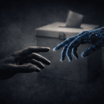 Avatar azul con vestimenta indígena representando a Gaitana IA, candidata virtual a las elecciones legislativas de Colombia 2026