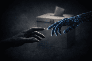 Avatar azul con vestimenta indígena representando a Gaitana IA, candidata virtual a las elecciones legislativas de Colombia 2026