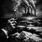 El manual del crimen: cómo las tabacaleras enseñaron a las petroleras a matar el planeta Chimeneas de planta industrial emitiendo humo de fondo con cielo oscuro, símbolo de emisiones de gases de efecto invernadero y desinformación climática