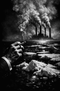 Chimeneas de planta industrial emitiendo humo de fondo con cielo oscuro, símbolo de emisiones de gases de efecto invernadero y desinformación climática