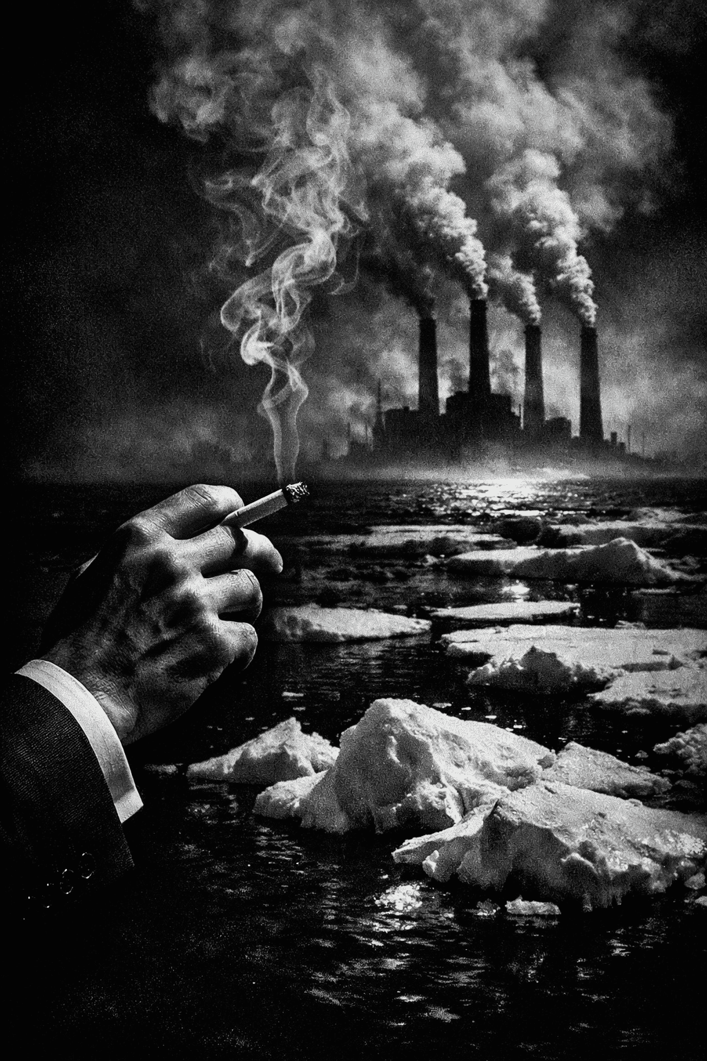 Chimeneas de planta industrial emitiendo humo de fondo con cielo oscuro, símbolo de emisiones de gases de efecto invernadero y desinformación climática