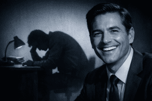 Una persona trabajadora con sonrisa amplia y luminosa, pero cuya sombra proyectada muestra una figura agotada, encorvada sobre un escritorio. Paleta fría (azules corporativos) con un toque de amarillo artificial en la sonrisa. Estilo editorial, no literal — la tensión entre la emoción diseñada y el cuerpo real.