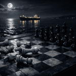 Mapa simbólico del estrecho de Ormuz con líneas de fractura geopolítica entre potencias enfrentadas, tonos oscuros y rojos sobre fondo de agua