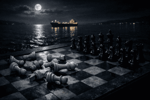 Mapa simbólico del estrecho de Ormuz con líneas de fractura geopolítica entre potencias enfrentadas, tonos oscuros y rojos sobre fondo de agua