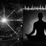 Ilustración conceptual de función de onda cuántica superpuesta a diagrama neuronal, representando la confusión entre escalas subatómicas y cerebrales