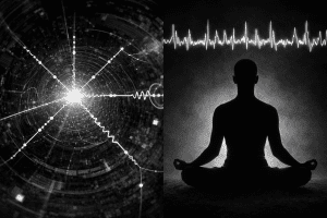 Ilustración conceptual de función de onda cuántica superpuesta a diagrama neuronal, representando la confusión entre escalas subatómicas y cerebrales