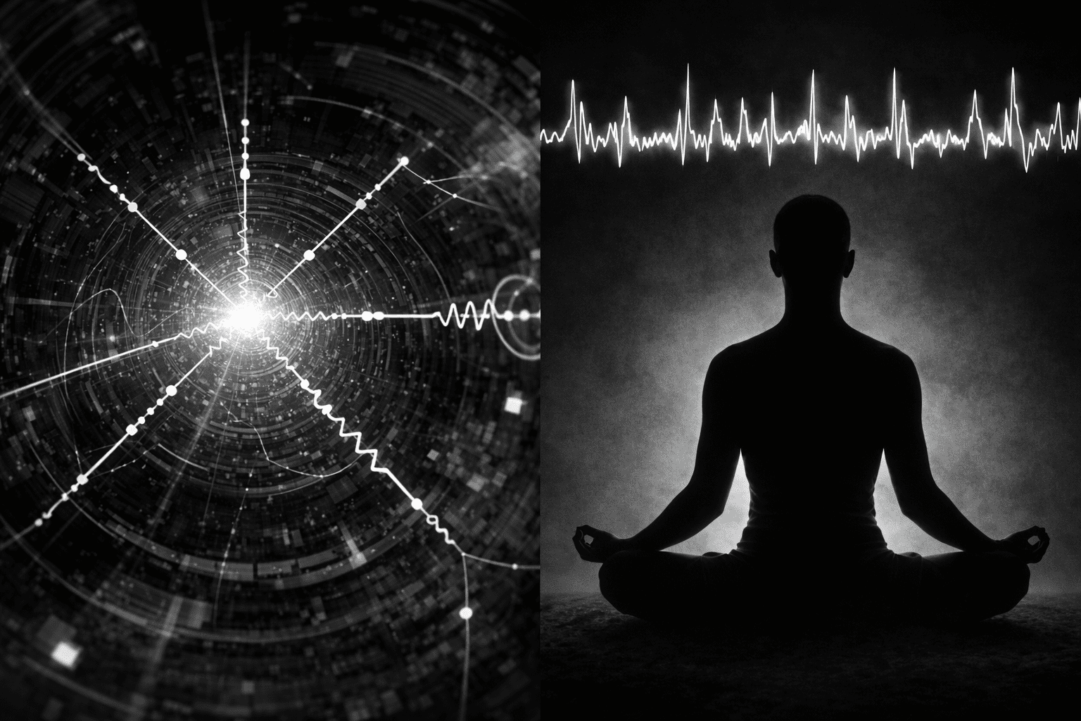 Ilustración conceptual de función de onda cuántica superpuesta a diagrama neuronal, representando la confusión entre escalas subatómicas y cerebrales